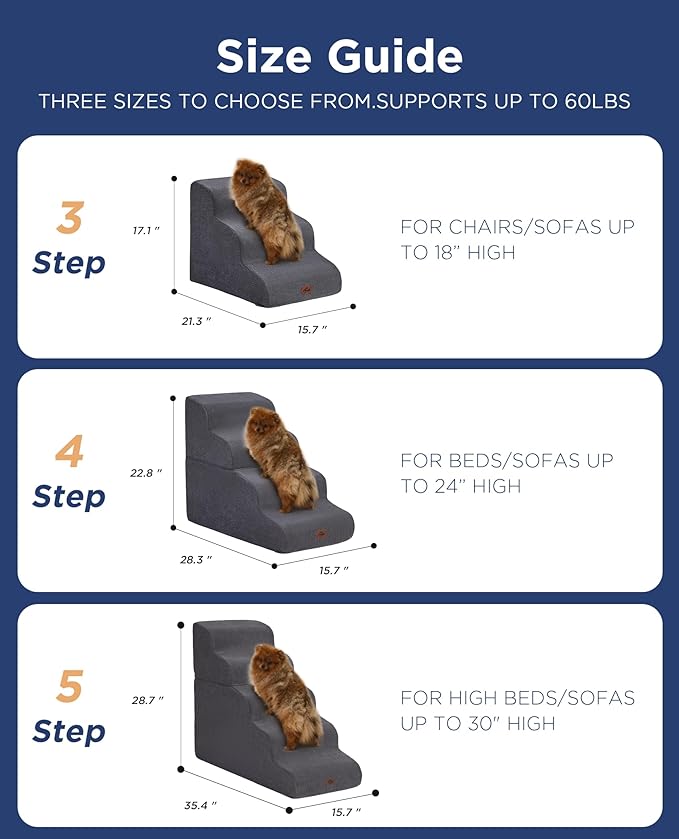 Gray Curved Dog Stairs Ramp for Small Dogs & Cats 17.1" H, 3-Step Dog Steps for Couch Sofa and Chair, Pet Stairs for Cats, Non-Slip Balanced Pet Steps