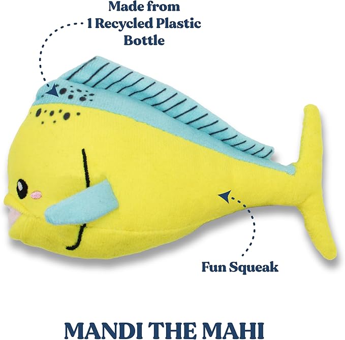 Ocean Collection Dog Toys | Jumbo Sized Mandi The Mahi Mahi | Cute, Durable, & Sustainable Plush Chew Toys for Dogs 50 lbs & up | Eco Friendly & 100% Recycled Materials