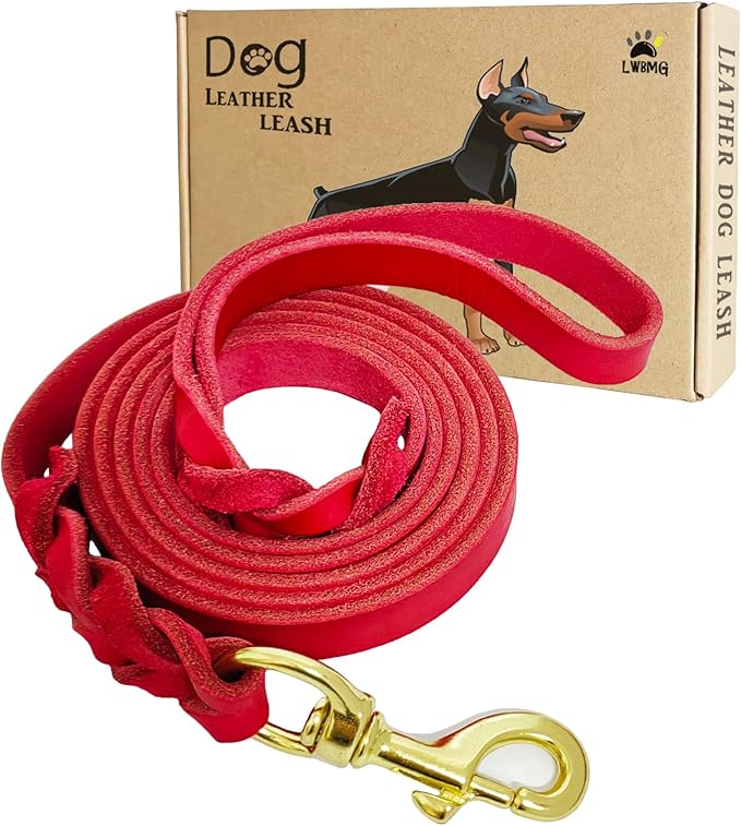 LWBMG Leather Dog Leash 6ft, Heavy Duty Dog Training Leash, Strong Durable Handmade Braided Pet Leashes, Soft and Comfortable Leather Leashes for Large, Medium Dogs Red