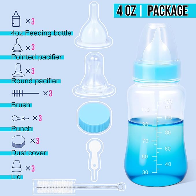 ASEVAT 4 oz 3PackPet Feeding Bottle, Anti-Choking Puppy Feeder Design,with 3pcs Replaceable and Reusable Silicone Nipples for Feeding Puppies, Kittens, Small Animals