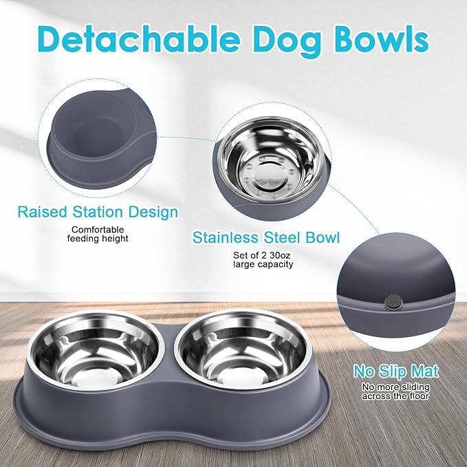Dog Bowls Large Double Dog Water and Food Bowls Stainless Steel Bowls with Non-Slip Resin Station, Pet Feeder Bowls Food Dish for Small Medium Large Dogs Cats