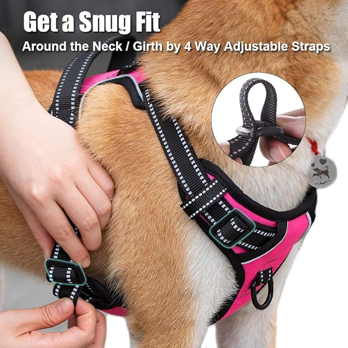 PoyPet No Pull Dog Harness, Reflective Comfortable Vest Harness with Front & Back 2 Leash Attachments and Easy Control Handle Adjustable Soft Padded Pet Vest for Small to Large Dogs (Pink,M)