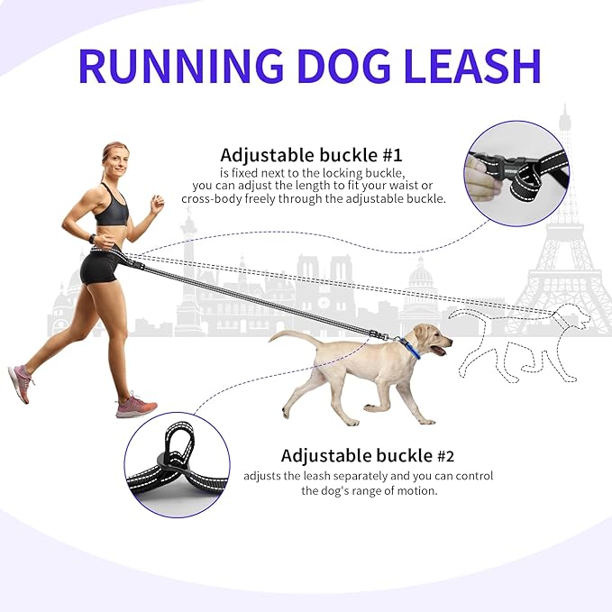 Kazazoo Hands-Free Dog Leash Adjustable Length 5-8Ft, Waist for Dog Walking, Running for Small &Medium Dogs with Reflective Strips, Ballistic Nylon, Waist Belt, Lightweight Black