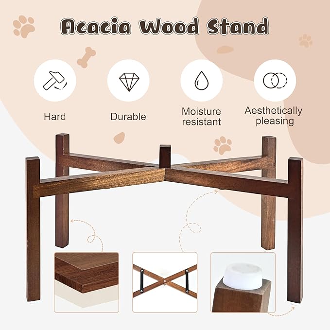 SPUNKYJUNKY Ceramic Elevated Dog Bowl Set with Acacia Wood Stand for Food and Water for Large Dog (60.87 OZ, White and Reddish Brown)