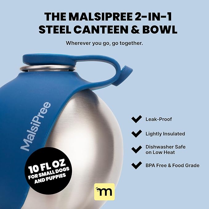 MalsiPree 2-in-1 Portable Dog Water Bottle and Travel Bowl for Small Dogs - Stainless Steel Dog Water Jug for Walking, Hiking, and Car Trips - Leak-Proof Dog Water Bottle Portable - 10oz Navy