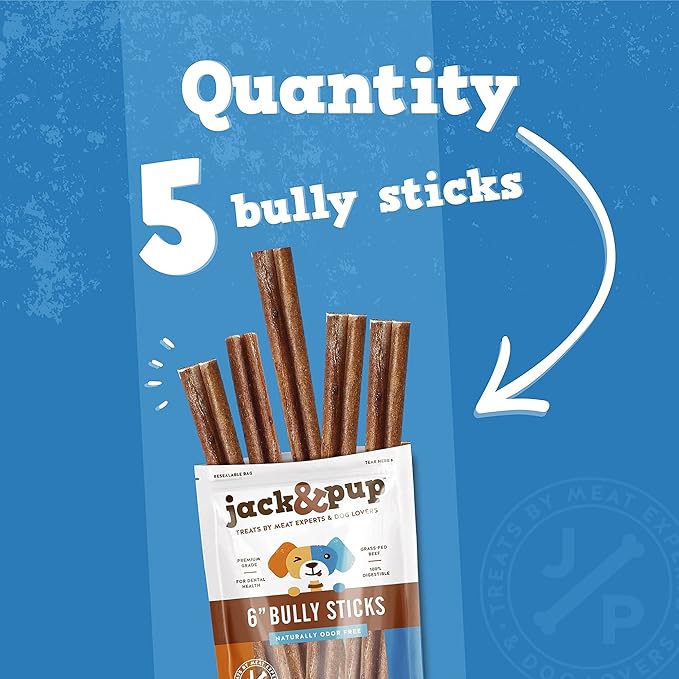 Jack&Pup 6 Inch Bully Sticks for Dogs (5 Pack) Extra Thick Dog Chews Long Lasting, Single Ingredient, 100% Beef Bully Sticks for Large Dogs