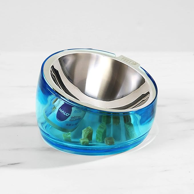Felli Oblik Elevated Cat Bowl Removable Stainless Steel Wide Dish for Dry Wet Food Feeding & Dishwasher Clean, Slanted Whisker Fatigue Friendly Metal Plate + Acrylic Base Non Slip (0.5Cup Sapphire)