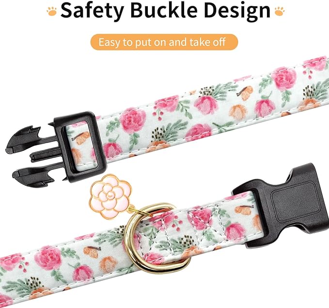 Cotton Dog Collar,Adjustable Cute Puppy Collar with Moon Patterned Design for Small Medium Large Dogs,Soft and Fancy Pet Collar with Safety Buckle for Girl Boy Dogs (Pink Flower, L)
