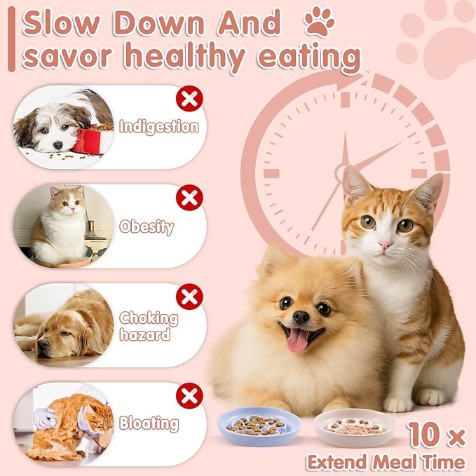 Cat Slow Feeder Bowl Set - 2 Pcs Pastel Series Cat Plate for Dry and Wet Food - Cute Maze Feeder Dish for Healthy Eating- Slow Feeding Bowls Whisker Friendly - Dishwasher Safe.(Blue and Pink)
