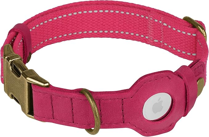 Reflective Leather Dog Collar with AirTag Holder - Soft Apple Airtag Dog Collar with Metal Buckle - Safety Cotton Pet Collars for Dogs Small Large Dogs Puppy (Pink, S, 12"-15")