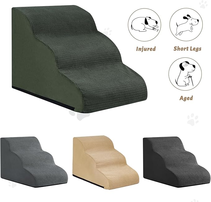3-Step Dog Ramp and Stairs for Sofa and Chair - Non-Slip Sturdy Pet Steps for Small Dogs and Cats,15.7" H,Green