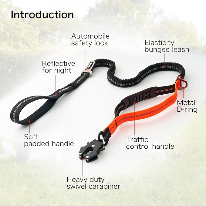 Heavy Duty Tactical Dog Leash with Quick Release Carabiner and Highly Reflective Threads,4-6FT Power Stretch Dog Leash for Medium Large Dogs (Black & Orange)