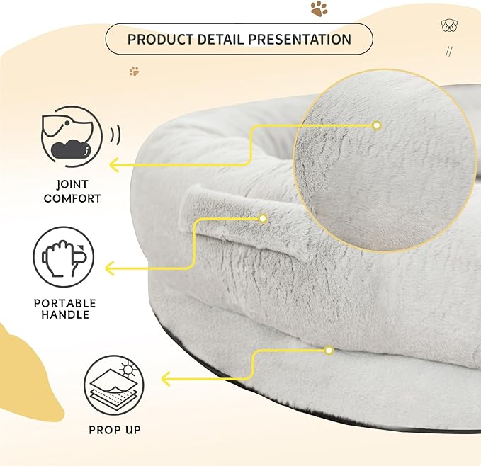 Human Dog Bed for Adults, 71"x51"x12" Washable Orthopedic Size, Faux Fur Removable, Cozy Large Present with Blanket and Pillow, Grey