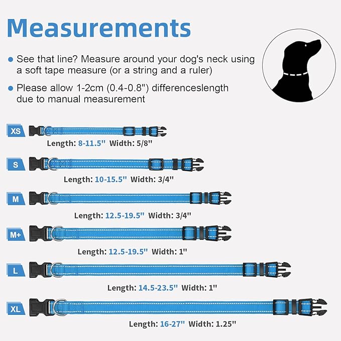 Reflective Dog Collar for Small Dogs, Soft Neoprene Padded with Quick Release Buckle, Adjustable Nylon Pet Collar for Walking,Aqua Blue,S