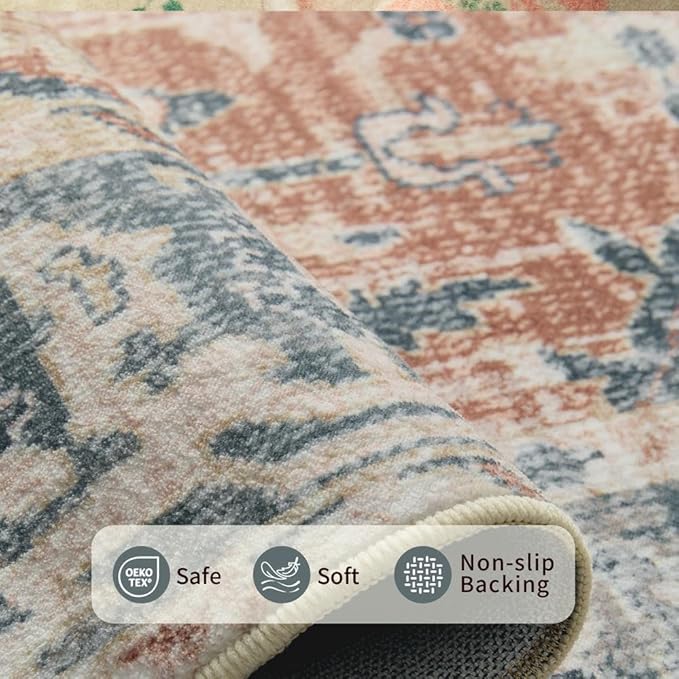 6x9 Area Rugs for Living Room Bedroom, Large Washable Rug, Coral Vintage Floral Boho Style, Non Slip & Low Pile Carpet for Indoor Dining Room, Dorm and Kids Room(Coral Blue 6x9ft)