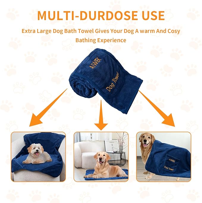 Super Absorbent Microfiber Dog Towels - Soft Pet Grooming Towel for Drying & Bathing Large, Medium or Small Dogs - 42.5" x 27.5" Perfect for Pet Shower & Pet Supplies! Blue
