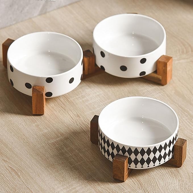 Petygooing Ceramic Dog Bowl Set with Stand,Cat Pet Food and Water Dishes,Small Dog Bowls Anti -Slip Set of 2 Cat Bowls Pet Food Dish Small Size Pet (13.5OZ/5.1 in) Black Dot