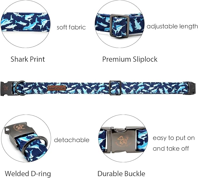 Elegant little tail Dog Collar, Blue Shark Pattern Pet Collar Durable Cute Dog Collars Male or Female Pet Gift Adjustable Dog Collar for Small Dogs