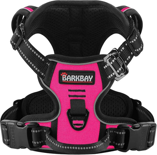 BARKBAY Dog Harness No Pull 3 Buckles for Medium Dogs - Adjustable, Reflective, Comfortable, No Choke, Heavy-Duty - Perfect for Outdoor Training, Walking, and Hiking - Strong & Durable - M & Pink