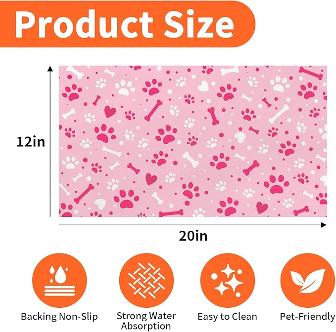 Pink Paw & Bone Dog Food Mat, Dog Cat Feeding Mat, Non-Slip Super Absorbent Pet Food Pad, Pet Bowl Mat for Food & Water Bowls, Dog Enthusiast Home Decoration, 12 x 20 Inch