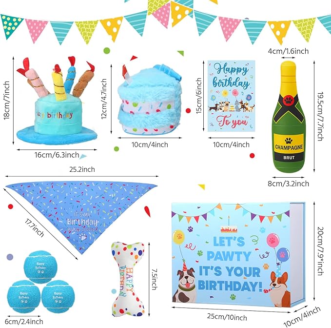 10 Pcs Dog Birthday Toy Set Dog Birthday Cake Bone Wine Bottle Hat Bib Ball Card Ribbon Plush Pet Gifts for Small Medium Puppy Squeaky Dogs Pet Toy Party Supplies(Blue)