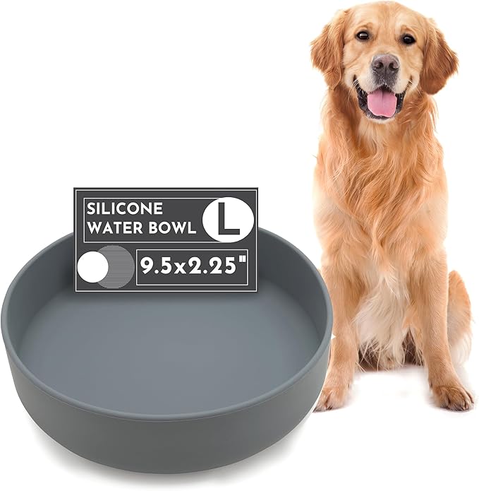 Should We Go? Dog Water Bowl - The Perfect Dish No-Spill, Less Mess Non-Tippable Water & Food Bowl Pure Silicone with Suction Cup Fits 8 Cups 9.5" Across x 2.5" Tall Ideal for All Pets, Large-Charcoal