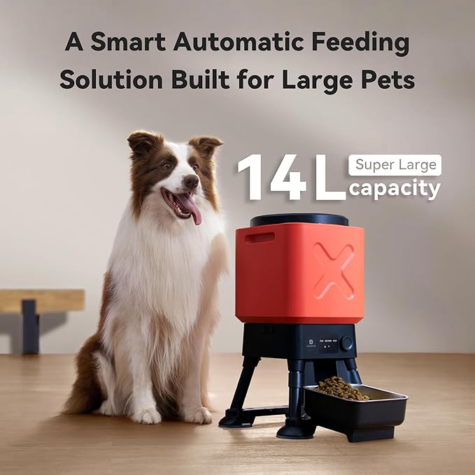 14L Automatic Dog Feeder for Large Breed – Extra Large Capacity, Anti-Blockage, Timed Auto Dog Food Dispenser, Dual Power Supply, Stainless Steel Bowl