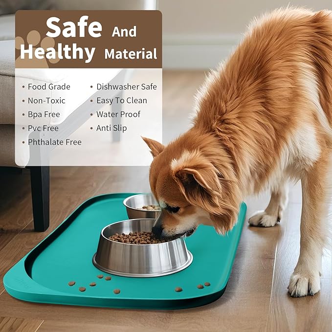 Silicone Pet Food Mat with Raised Edge for Food and Water Bowl, Dog Feeding Mats, Cat Food Trays for Floor Waterproof, Rubber Tray for Dogs and Cats, 24 x 16 x 0.8 Dark Turquoise