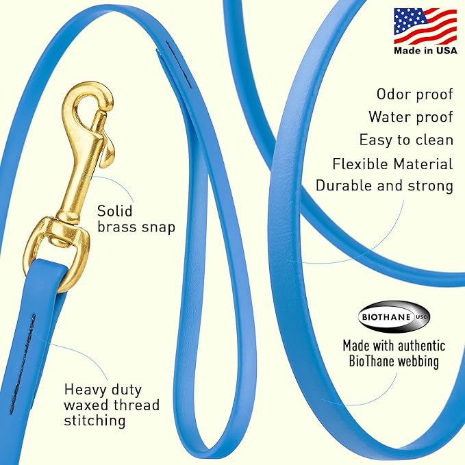 Viper Biothane K9 Working Dog Leash Waterproof Lead for Tracking Training Schutzhund Odor-Proof Long Line with Solid Brass Snap for Puppy Medium and Large Dogs, 15ft Cerulean Blue