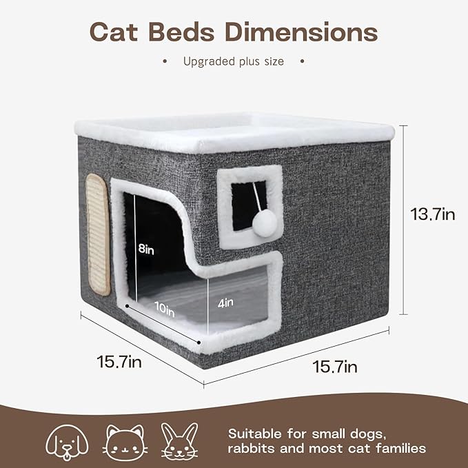 Cat Houses for Indoor Cats - Large Cat Bed Cave with Fluffy Ball and Scratch Pad, Foldable Cat Condo Hideaway for Multi Small Kitten & Pet, Grey