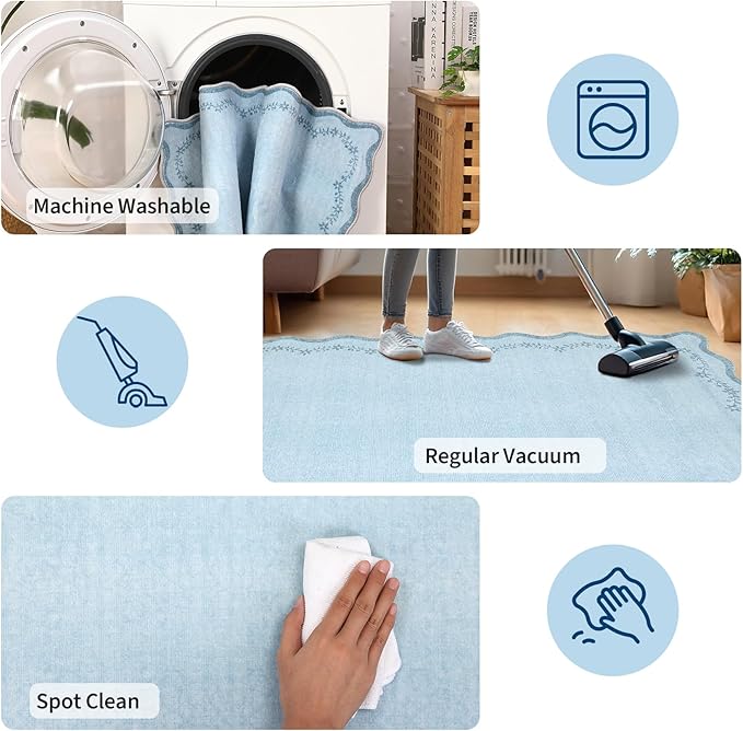 GarveeHome 5x7 Scalloped Area Rug Blue Washable Rugs for Living Room Bedroom, Soft Low Pile Non Slip Accent Floor Mat Solid Floral Print Throw Rug Farmhouse Indoor Carpet for Dorm Playroom