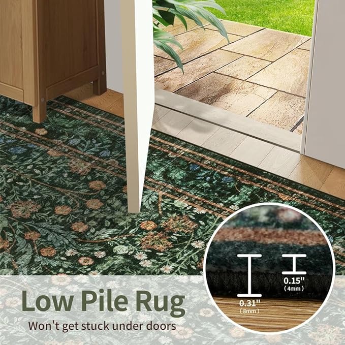 4x6 Area Rugs for Living Room Bedroom, Large Washable Rug, Green Vintage Floral Boho Rug, Non Slip & Low Pile Wool Accent Carpet for Indoor Dining Room, Kids Room and Office(Green 4x6ft)