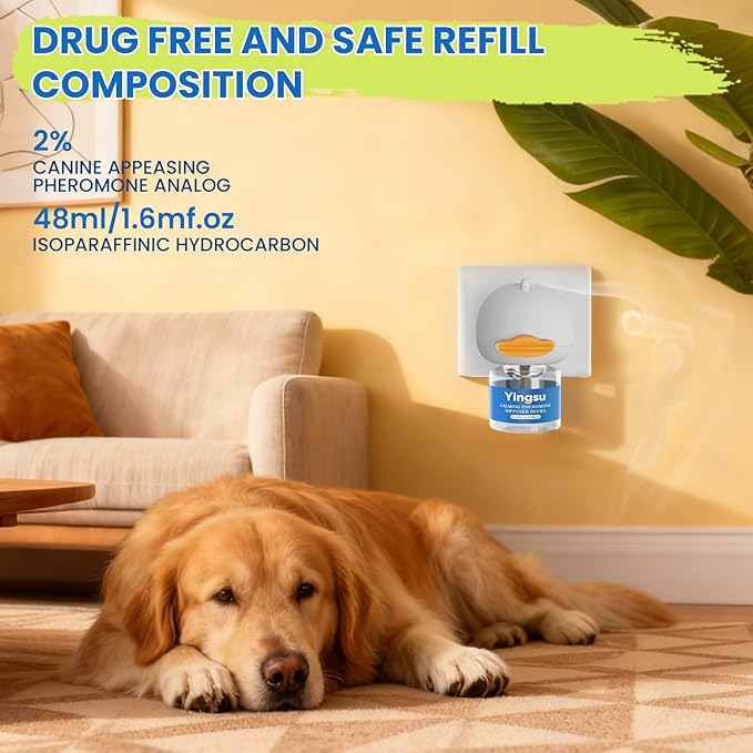 Dog Calming Diffuser, 4 in 1 Puppy Pheromones Calming Diffuser, Relaxing Pheromone for Dogs Relief Stress Anxiety Reduce Aggression Barking, Help Train Dog to Pee, 2 Diffuser 2 Refill(48ml)