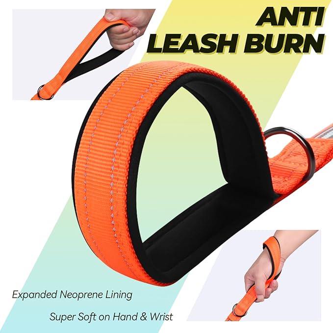 VIVAGLORY Twingrip Dog Leash, Double Handle Dog Leash for Training & Walking with Traffic Handle & 2 Loop, Traffic Control Reflective Heavy Duty for Puppy Pet, 4ft x 1in, Orange