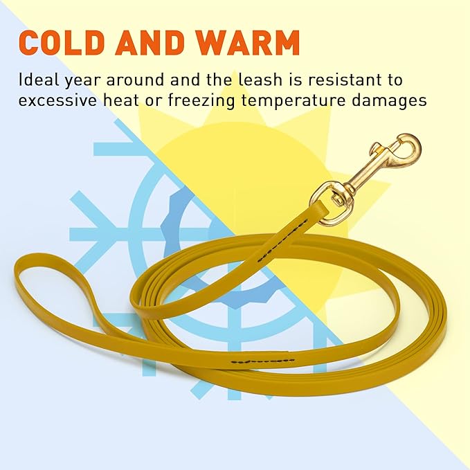 Viper Biothane K9 Working Dog Leash Waterproof Lead for Tracking Training Schutzhund Odor-Proof Long Line with Solid Brass Snap for Puppy Medium and Large Dogs, 15ft Treasure Gold