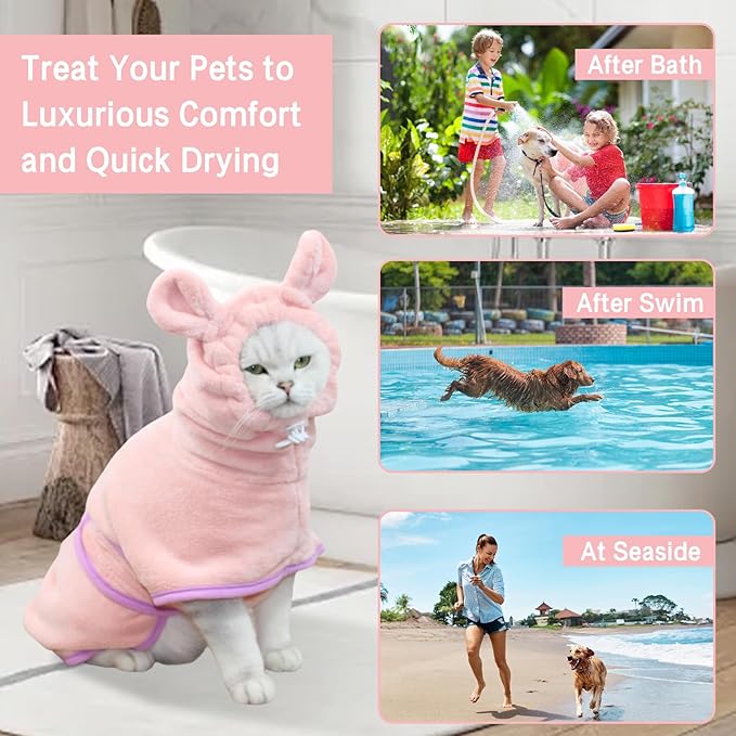 Pet Bathrobe for Dog Cat Absorbently Quick Drying Coat Cute Dogs Bath Towel Hooded Robe Adjustable Collar & Belly Strap for Pool Beach (Pink, Small)