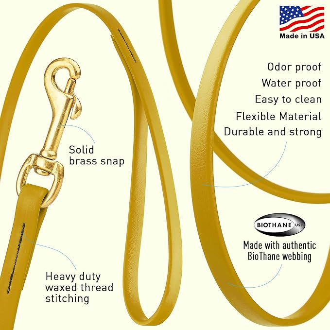 Viper Biothane K9 Working Dog Leash Waterproof Lead for Tracking Training Schutzhund Odor-Proof Long Line with Solid Brass Snap for Puppy Medium and Large Dogs, 15ft Treasure Gold