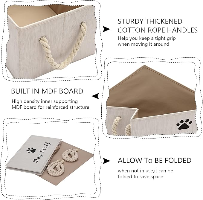 Geyecete Large Fabric Storage Bins Organizer with Weave Rope Handle, Collapsible Cube Basket Container Box for Dog Apparel & Accessories,Dog Coats,Dog Toys Gift Baskets-Beige