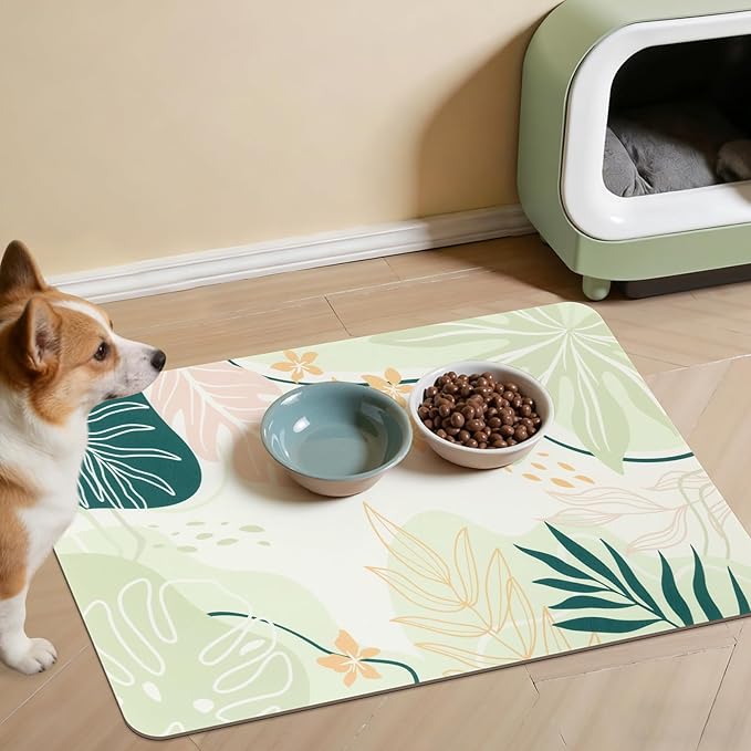 Topotdor Boho Dog Food Mat for Floors, Absorbent Quick-Dry Cat Pet Feeding Mat, Non-Slip Dog Bowl Mat for Food and Water, Pet Placemat for Dogs, Cats, Puppy Accessories, 16"x24", Green