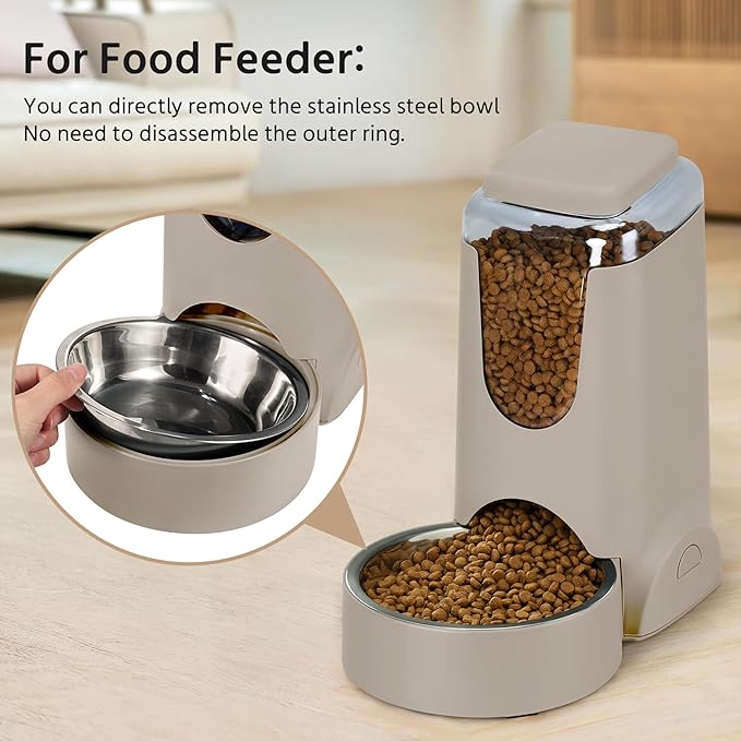 2 Pack Automatic Cat Feeder and Stainless Steel Water Dispenser, Gravity Dog Waterer Set Food Feeder and Waterer Set for Small Medium Kitten Puppy Pets(1 Gallon x 2, Brown)