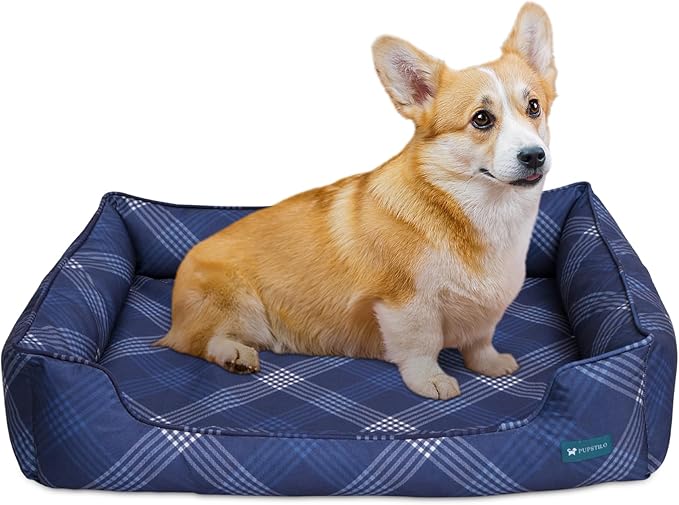 Orthopedic Bolster Dog Bed – CertiPUR-US Foam, Recycled Polyester Canvas, Washable Cover, Anti-Slip Bottom, Small, Navy Plaid – Stylish Designer Dog Sofa