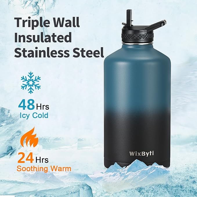 One Gallon Water Bottle Insulated with DIY Stickers, Triple Wall Vacuum Cold for 48 Hrs Leak-proof Non-BPA, 128oz Large Sports Stainless Steel Water Jug with Paracord Handle Straw Spout Lids