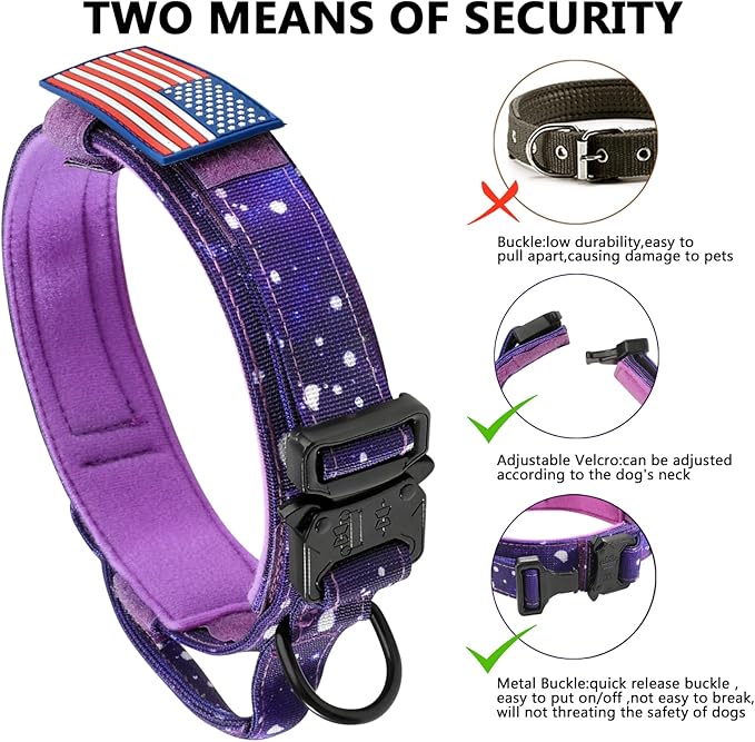 DAGANXI Tactical Dog Collar, Adjustable Military Training Nylon Dog Collar with Control Handle and Heavy Metal Buckle for Medium and Large Dogs, with Patches and Airtags Case (XXL, Purple Sky)