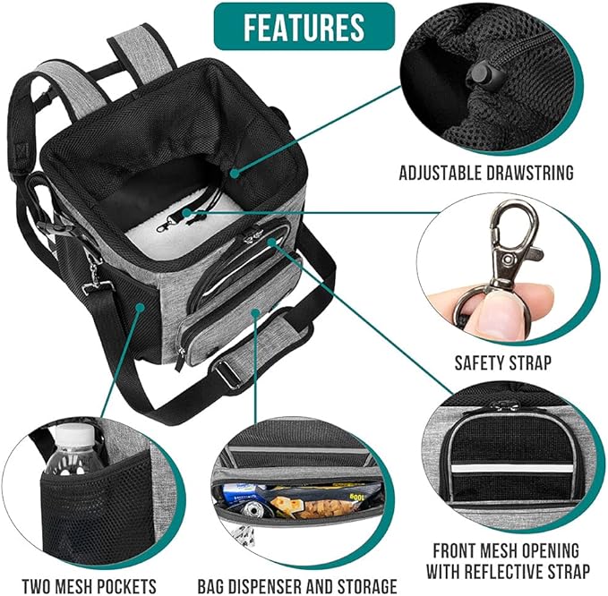 PetAmi Dog Bike Basket, Soft-Sided Ventilated Dog Bike Carrier Backpack, Pet Bicycle Basket for Bike Handlebar, Small Medium Puppy Cat Kitten Car Booster Seat with Safety Strap, Max 18 lbs, Gray