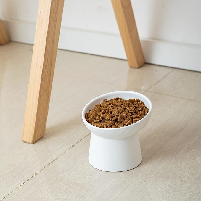 Small Ceramic Raised Cat Bowls, Tilted Elevated Food or Water Bowls, Stress Free, Backflow Prevention, Dishwasher and Microwave Safe, Lead & Cadmium Free(White)