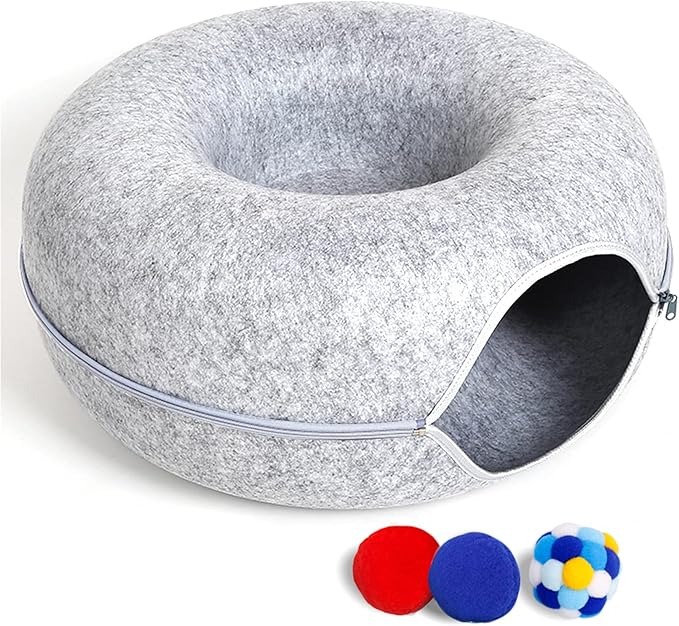 Large Cat Tunnel Bed for Indoor Cats with 3 Toys, Scratch Resistant Donut Cat Bed, Up to 30 Lbs (L 24x24x11, Light Grey)