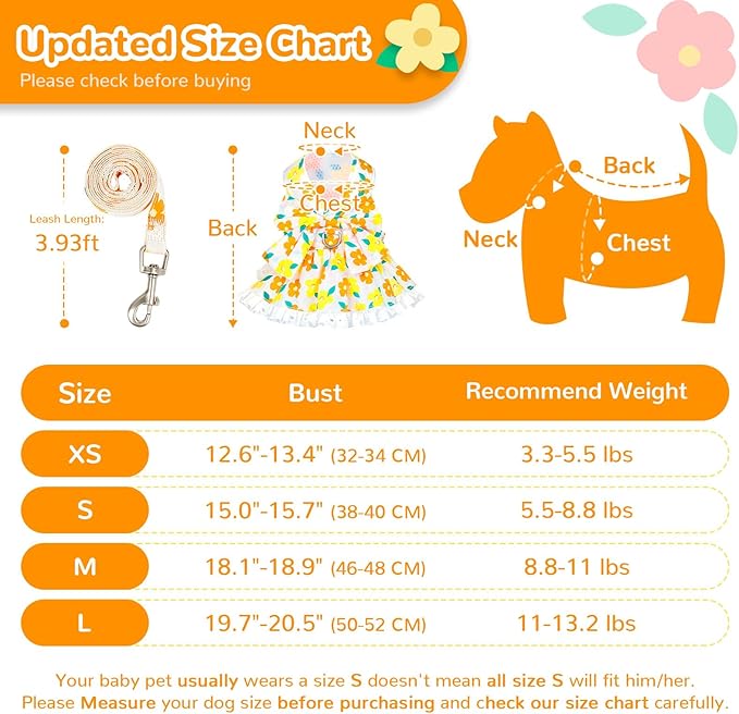 Dog Harness Dress Leash Set for Small Dog Summer Clothes Girl Female Puppy Cats Outfits Cute Floral Bowknot Princess Birthday Dress for Extra Small Pet Doggie Kitten Outfits Apparel(Yellow,L)