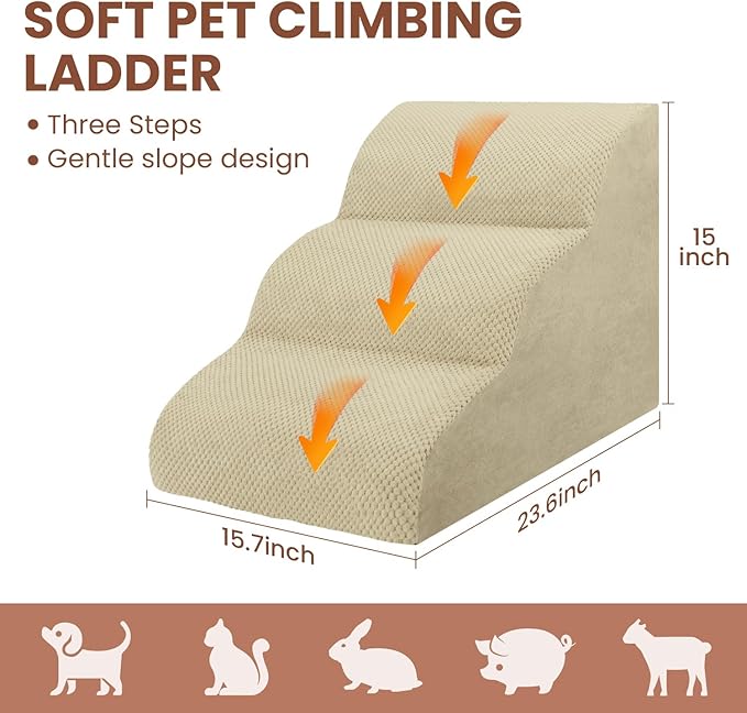 Dog Stairs for Small Dogs, High Density Foam Dog Steps, Extra Wide Non-Slip Pet Ramp for High Beds Or Couch, Soft Doggie Ladder for Dogs Injured, Older Pets, Small Cats, 3 Stpes,Camel