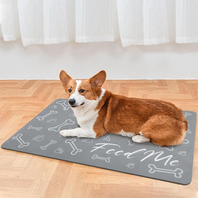 Le courant Dog Bowl Mats for Feeding, Cat Feeding Mat, Non-Slip Super Absorbent,No Stains Quick Dry Dog Water Dispenser.for Messy Drinkers.Easy Clean.Grey.Bone Printing-15.7x23.6 in