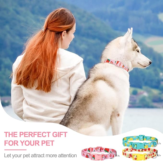 azuza 3 Pack Fruit Design Dog Collars Comfortable and Adjustable Nylon Dog Collars for Puppy Small Dogs, XS (8-12inch)，Strawberry，Lemon and Cherry